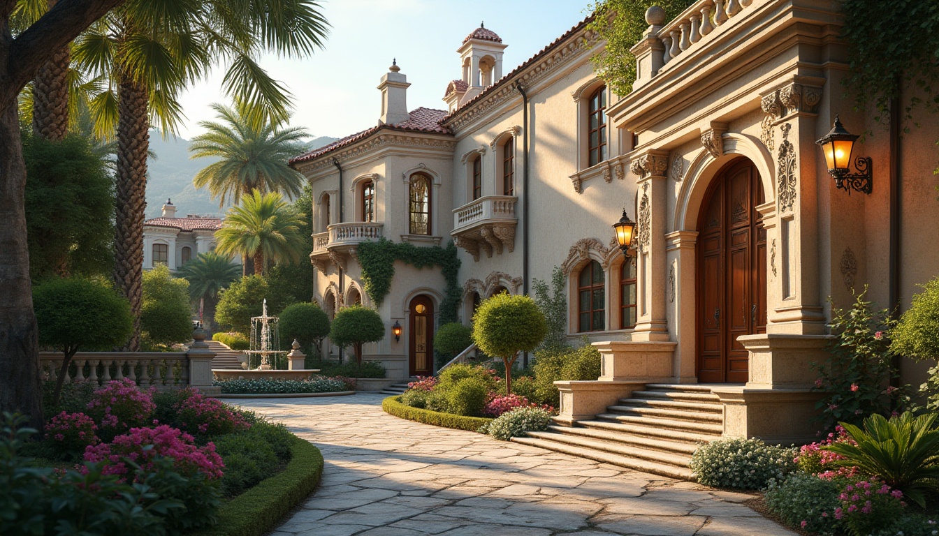 Prompt: Byzantine dorm, residential area, luxurious mansion, Mediterranean style, ornate stone carvings, grand entrance, arched windows, red-tiled roofs, lush greenery, vibrant flowers, intricate fountains, meandering walkways, lantern-style streetlights, warm golden lighting, serene ambiance, panoramic view, 3/4 composition, soft focus, natural textures.