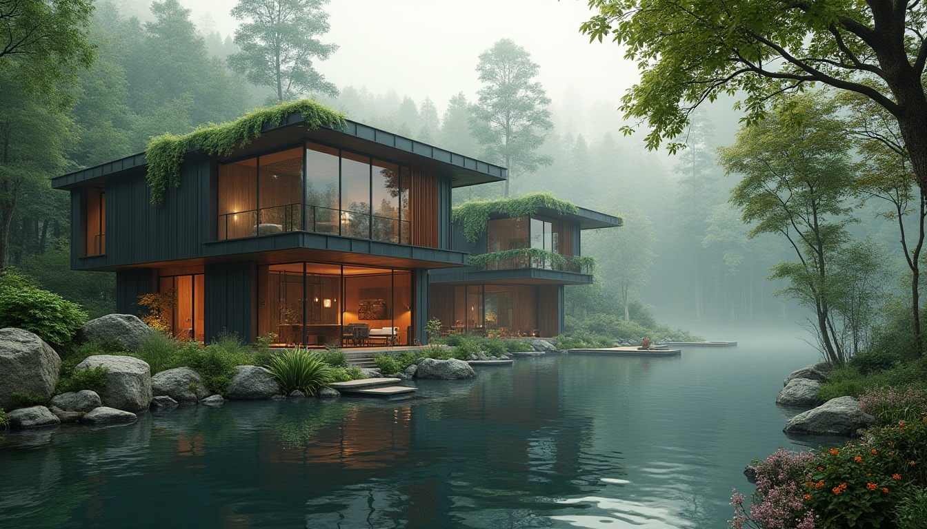 Prompt: Lakefront factory, green architecture, modern industrial design, surrounded by lush forests, dense foliage, reflective lake surface, misty morning atmosphere, warm soft lighting, wooden accents, large windows, minimalist interior, eco-friendly materials, recycled metal exterior, vine-covered walls, overhanging roof with living plants, natural stone foundation, serene water features, stepping stones, wildflowers along the shoreline, panoramic view, 3/4 composition, cinematic depth of field.