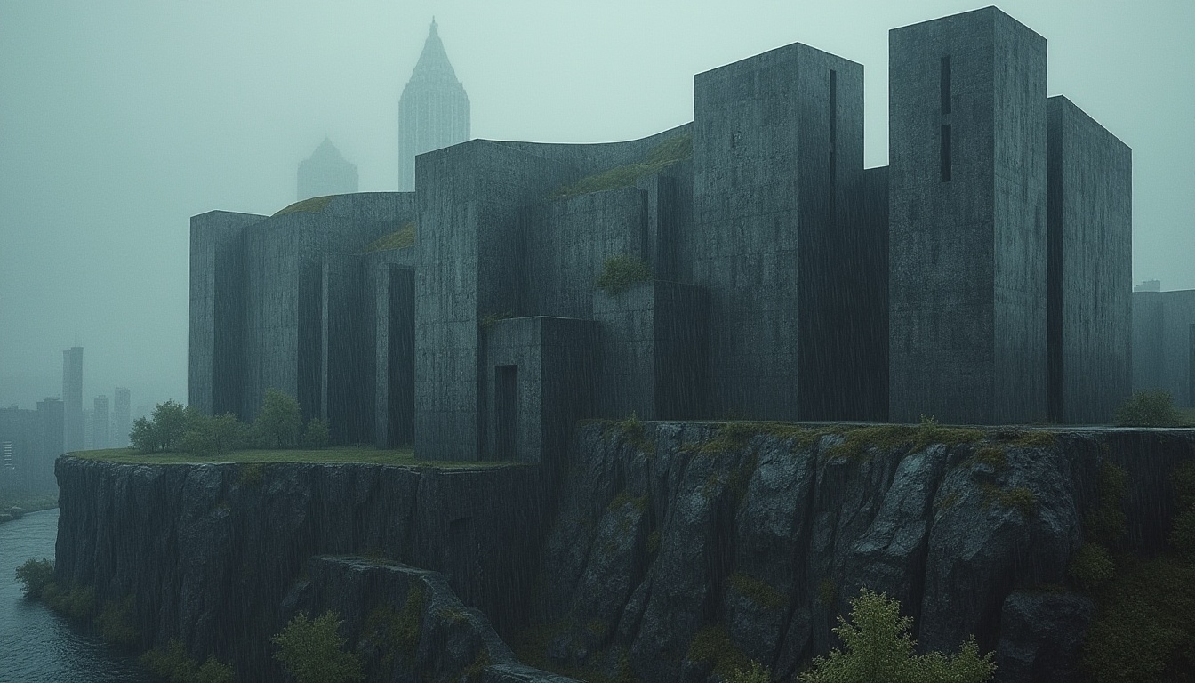 Prompt: Brutalist architecture, granite material, rough texture, monumental structure, fortress-like building, bold geometric shapes, rugged stone walls, dramatic lighting, low-angle shot, wide-angle lens, urban landscape, cityscape, modern city, metropolitan area, concrete jungle, rainy day, overcast sky, misty atmosphere, dark mood, cinematic composition.