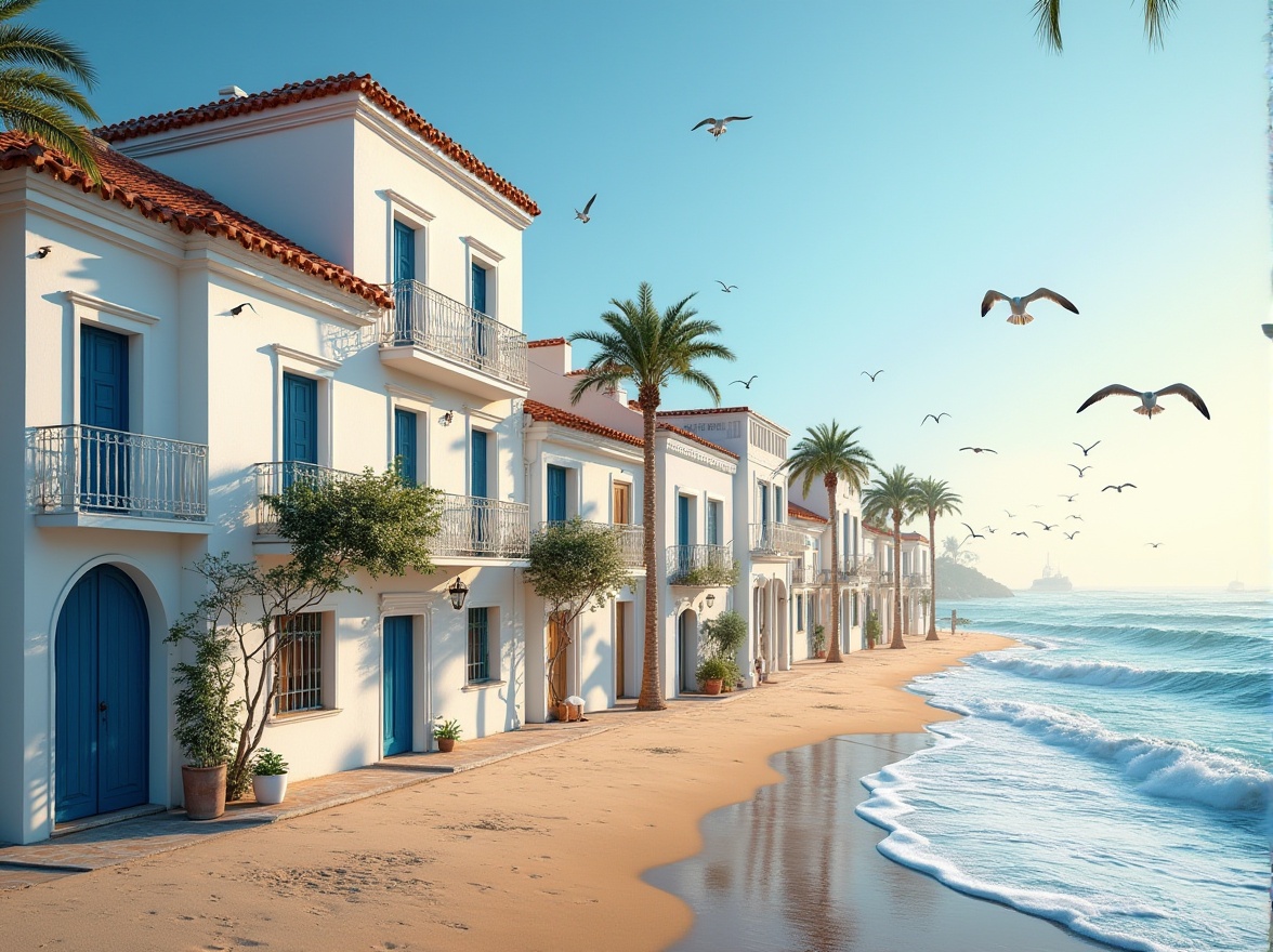 Prompt: Seaside social housing, classicism style, Mediterranean architecture, white walls, blue windows, red roof tiles, symmetrical facade, ornate balcony, wooden doors, cozy atmosphere, warm lighting, morning sunlight, seagulls flying overhead, waves gently crashing, sandy beach, palm trees swaying, distant sailboats, clear blue sky, soft focus, shallow depth of field, warm color tone, peaceful ambiance.