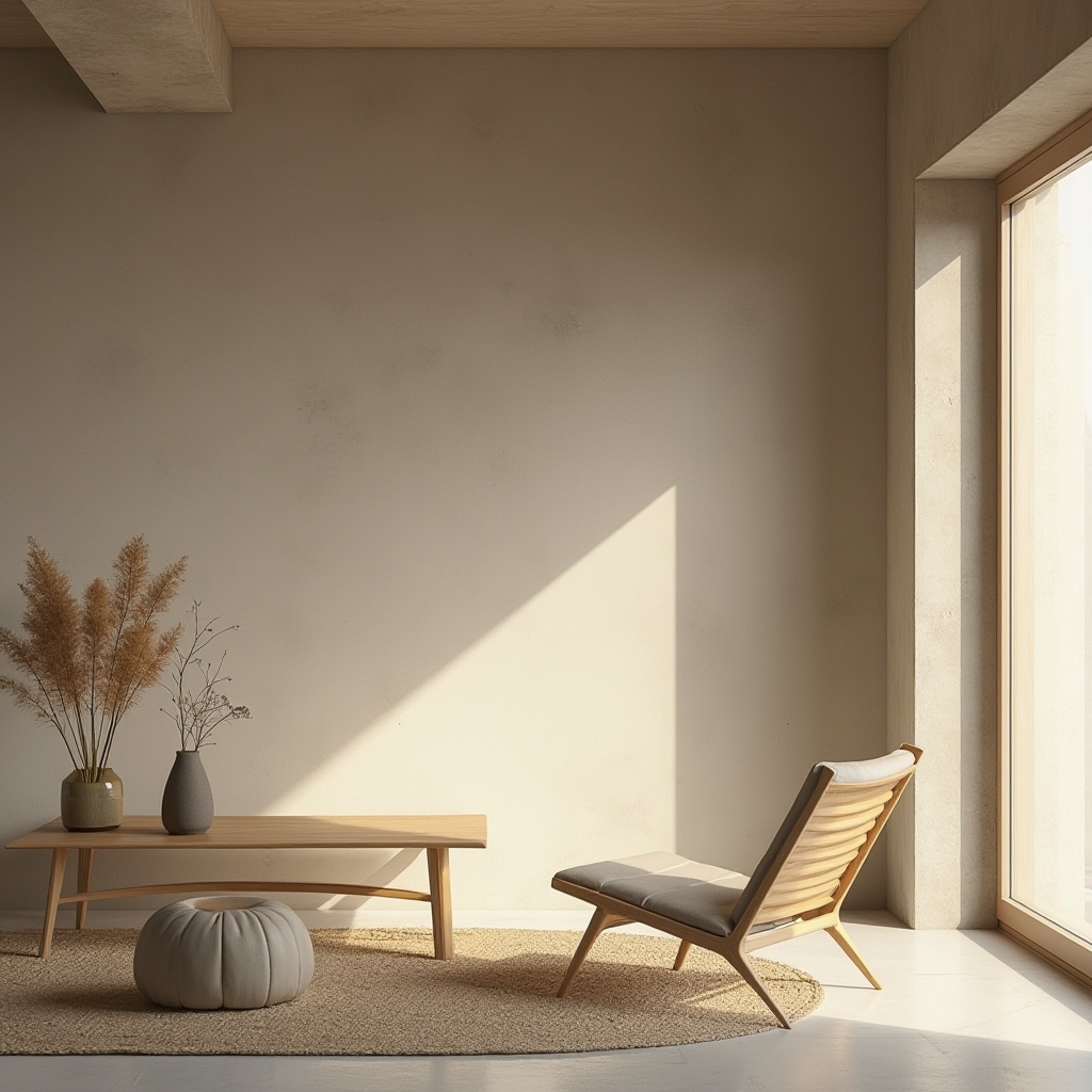 Prompt: Minimalist interior, sand-casted concrete walls, natural earthy tone, sleek low-profile furniture, wooden accents, subtle texture contrast, soft warm lighting, empty space emphasis, few decorative objects, geometric shapes, monochromatic color scheme, calm ambiance, Scandinavian influence, modern simplicity, empty floor, natural fiber rug, minimalist artwork, industrial-chic decor.