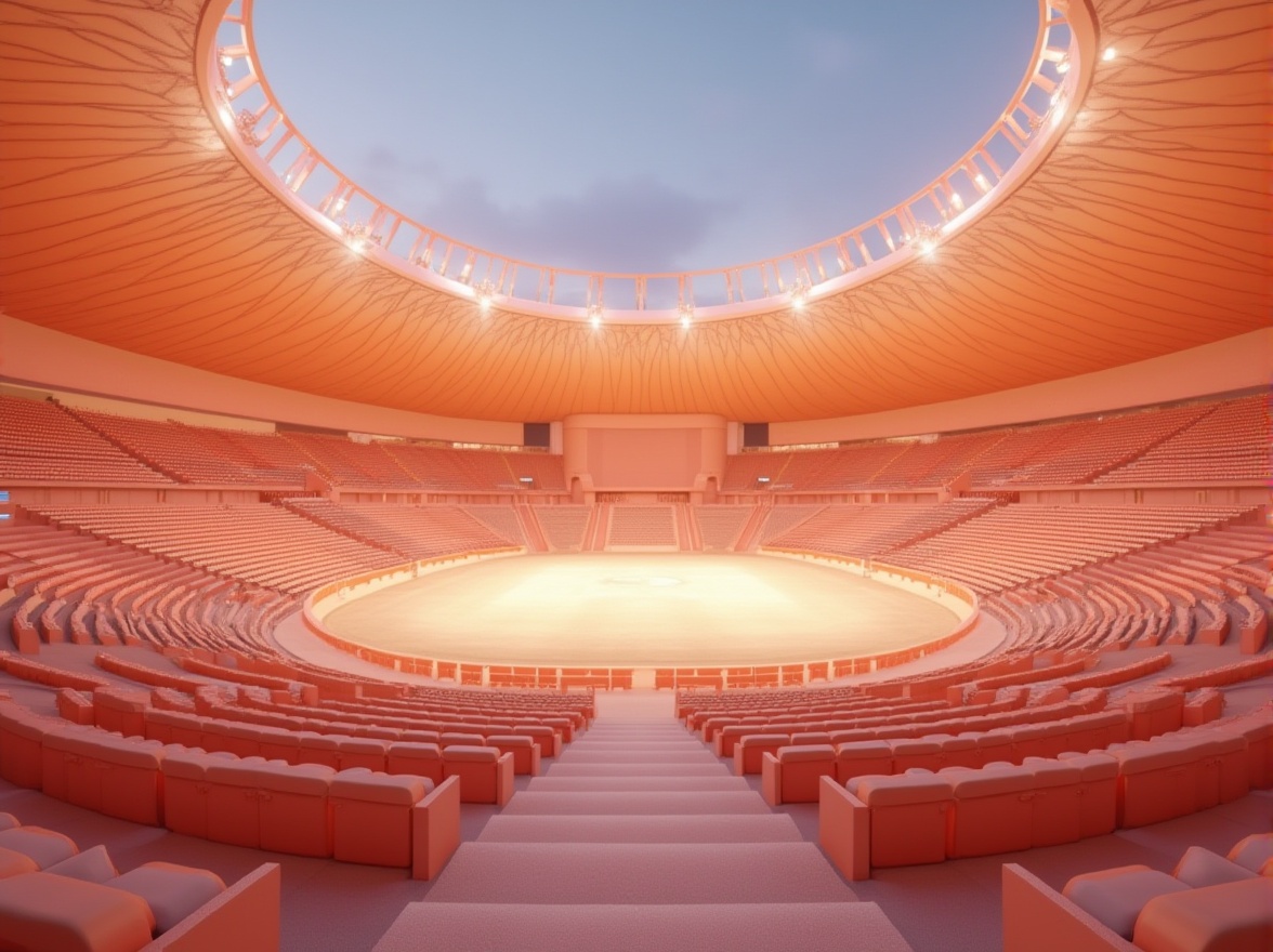 Prompt: Peach-colored stadium, vibrant unique architecture, rounded exterior walls, smooth peach texture, subtle sheen, dramatic floodlights, evening atmosphere, sunset glow, majestic entrance gates, sleek modern lines, minimalist interior design, rows of peach-colored seats, soft padding, gentle curves, warm ambient lighting, dynamic shadows, panoramic view, bird's eye composition.