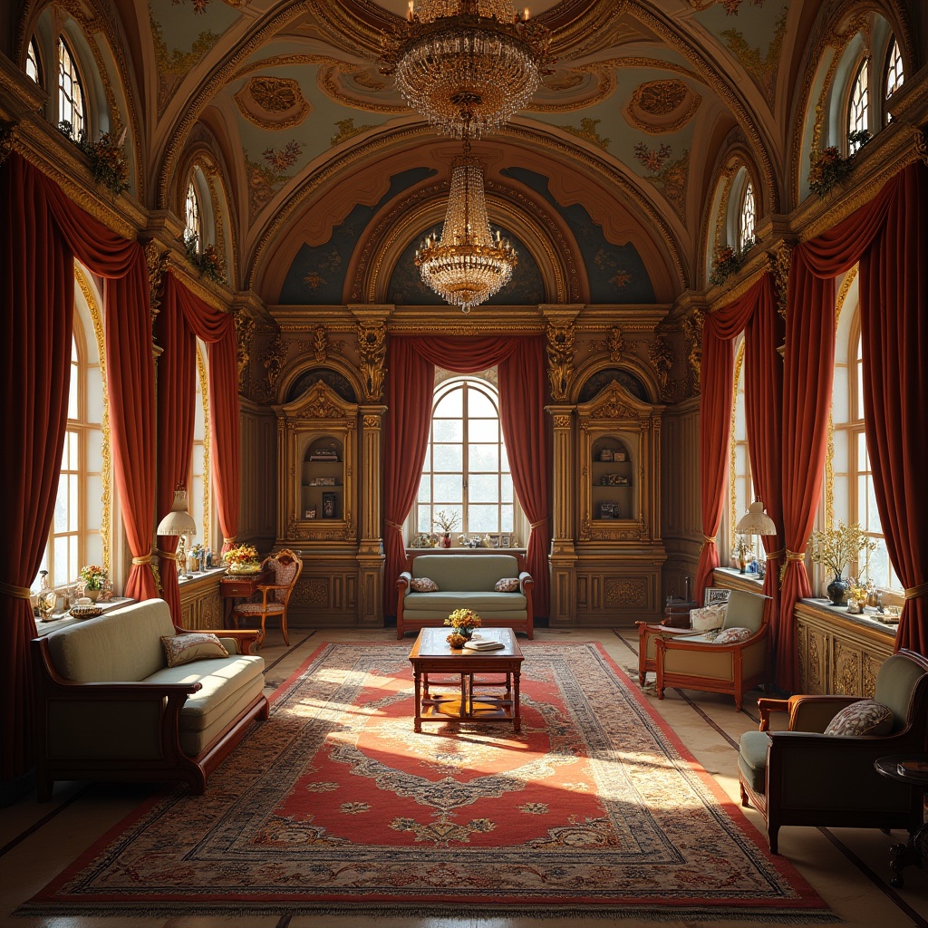 Prompt: Byzantine-style dormitory, luxurious, grandiose, ornate details, intricate mosaics, golden accents, regal atmosphere, rich velvet drapes, lavish furnishings, carved wooden furniture, stained glass windows, warm soft lighting, majestic high ceilings, ornate chandeliers, cozy reading nooks, comfortable plush carpets, intimate seating areas, resident's personal items, family photos, colorful rugs, decorative vases, elegant curtains, beautiful archways, tranquil ambiance, warm color palette.