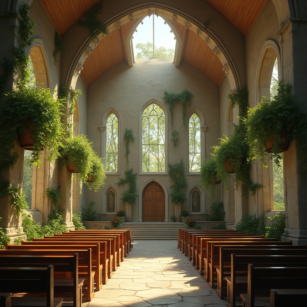 Prompt: Church interior, nature-inspired design, vaulted ceiling with skylight, stone walls, wooden pews, greenery overflowing from hanging baskets, vines crawling up pillars, natural light pouring in, stained glass windows depicting forest scenes, intricate carvings of leaves and flowers on wooden doors, earthy tone color palette, warm soft lighting, serene atmosphere, gentle shadows, 3/4 composition, symmetrical framing, natural textures, organic shapes, peaceful ambiance.