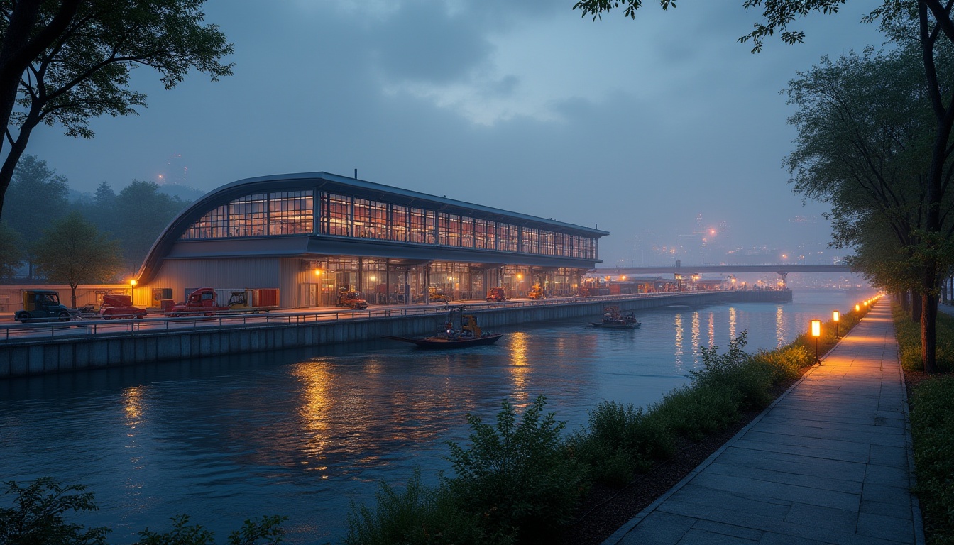 Prompt: Modern distribution center, riverbank, industrial architecture, steel frame, glass facade, sloping roof, loading docks, cargo containers, forklifts, conveyor belts, night scene, warm lighting, reflective water surface, misty atmosphere, cityscape in the distance, busy traffic on the bridge, lush greenery along the river, walking path, benches, lanterns, soft glow, ambient occlusion.