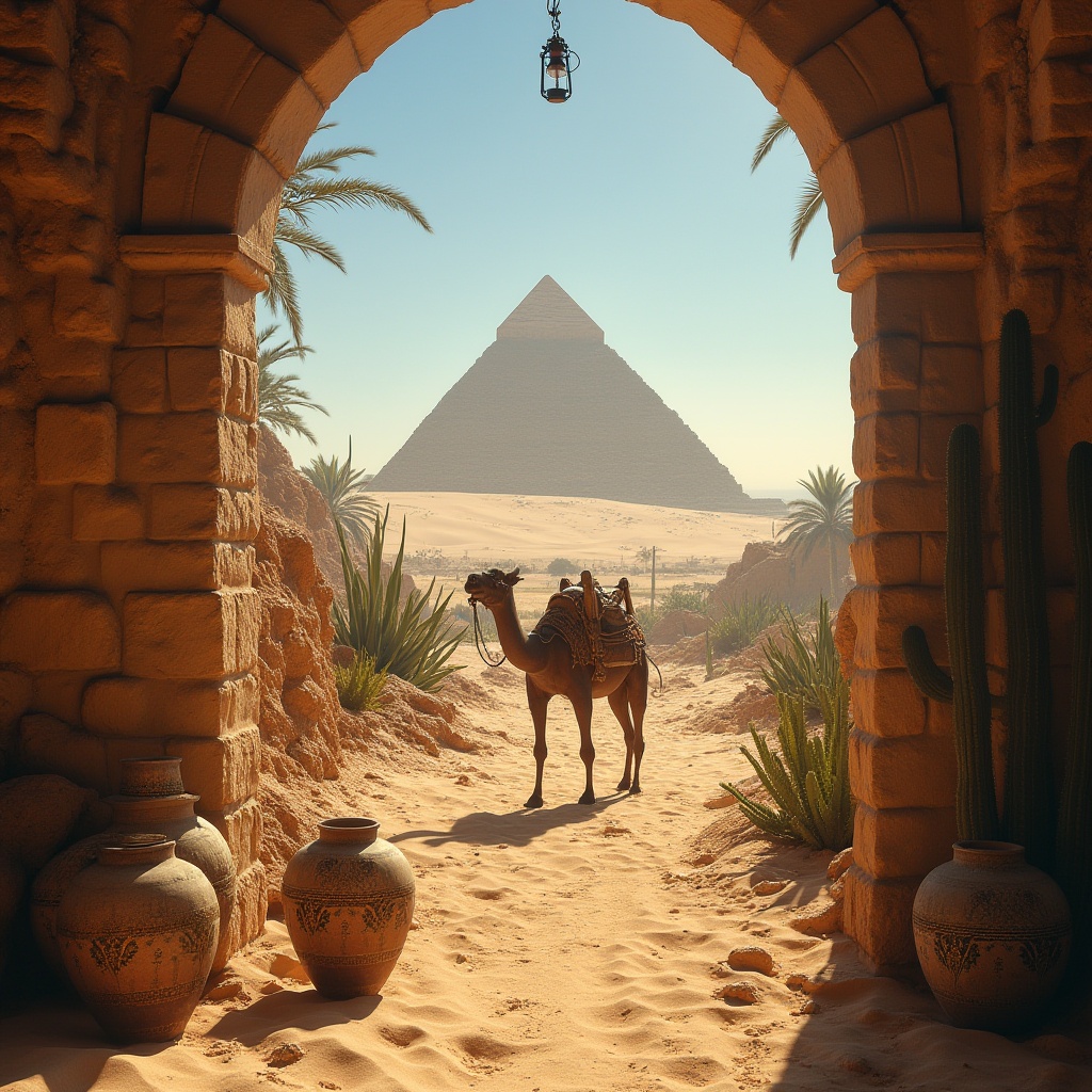 Prompt: Desert environment, vast sandy dunes, endless blue sky, scorching hot sun, ancient ruins in distance, majestic pyramid silhouette, mysterious oasis surrounded by palm trees, exotic cactus species, old wooden camel near ruin entrance, worn leather saddle, rusty metal lantern, intricate Arabic patterns on ceramic vases, warm golden lighting, dramatic shadows, cinematic composition, 3/4 shot, low-angle photography.