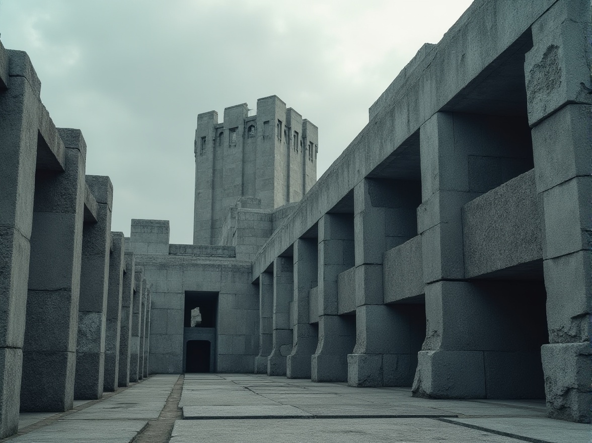 Prompt: Brutalist architecture, granite material, monumental building, rough-textured walls, rugged stone columns, fortress-like structure, abstract geometric shapes, urban cityscape, overcast sky, dramatic shadows, high-contrast lighting, 3/4 composition, cinematic mood, detailed texture, realistic rendering.