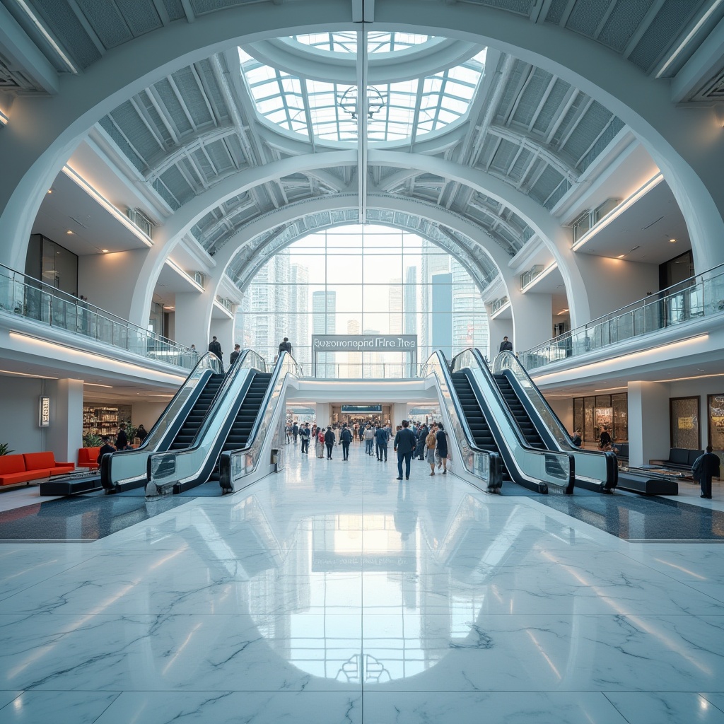 Prompt: Modern metro station, sleek lines, minimalist architecture, steel beams, glass ceilings, white marble floors, futuristic escalators, LED light strips, bustling crowds, urban atmosphere, morning rush hour, cityscape background, panoramic view, 3/4 composition, low-angle shot, softbox lighting, vibrant color palette, contemporary furniture, metallic accents, geometric patterns, abstract art installations.