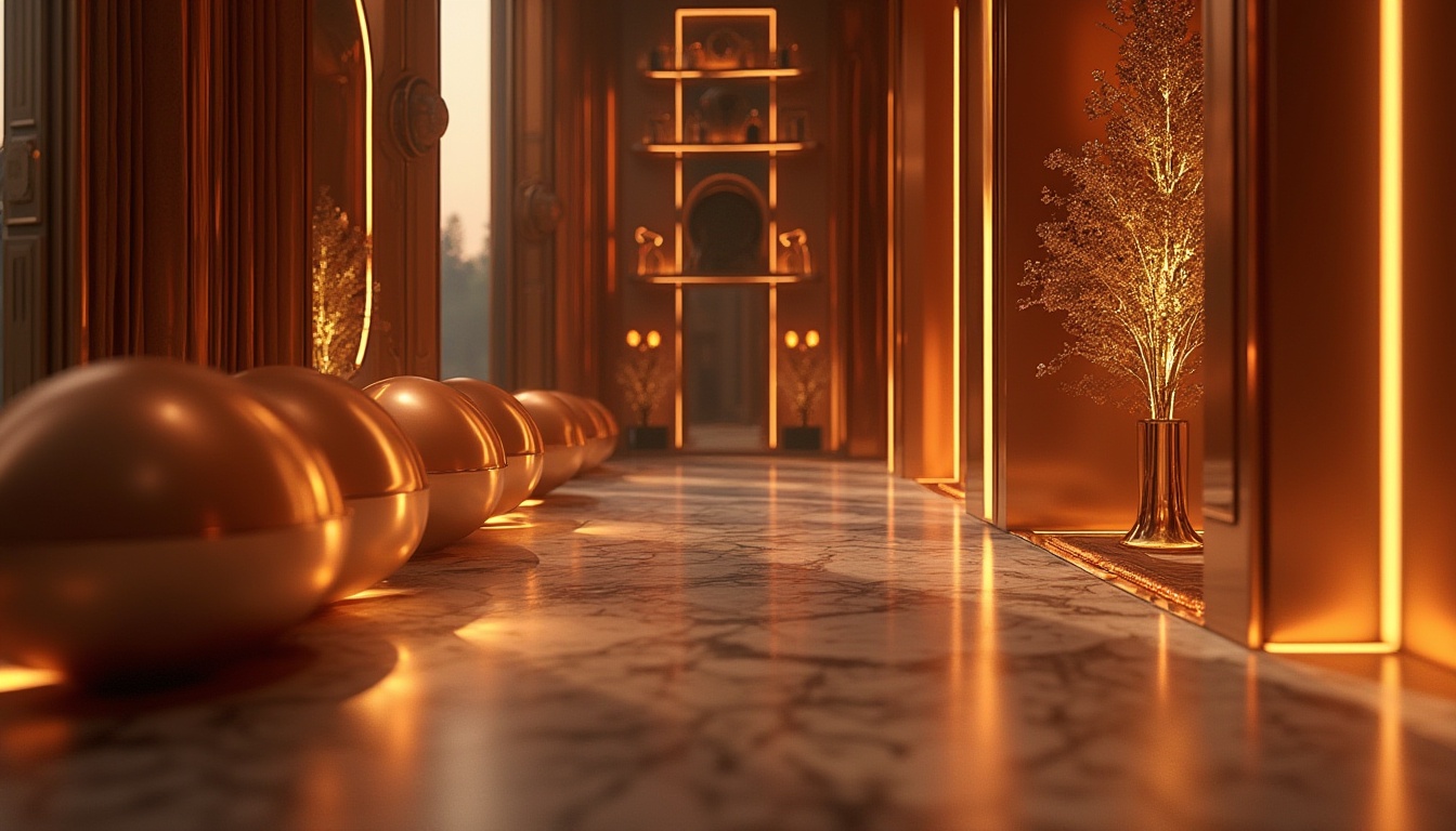 Prompt: Copper material, luxurious interior design, modern villa, minimalist style, shiny reflective surface, metallic texture, warm golden lighting, ornate decorations, sleek lines, curved shapes, industrial chic aesthetic, detailed close-up shot, 3/4 composition, high-contrast color palette, shallow depth of field, ambient occlusion.