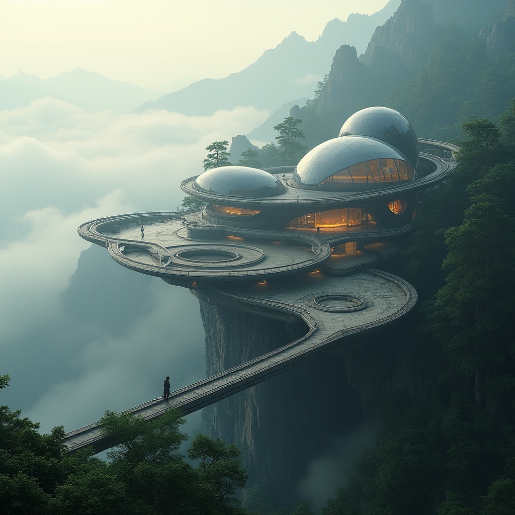 Prompt: Futuristic plateau tram station, modern architecture, sleek lines, metallic materials, glass domes, panoramic views, elevated platforms, intricate bridge structures, misty mountain surroundings, lush greenery, fog rolling in, mystical atmosphere, warm ambient lighting, soft focus, cinematic composition, 3/4 view, bird's eye perspective.