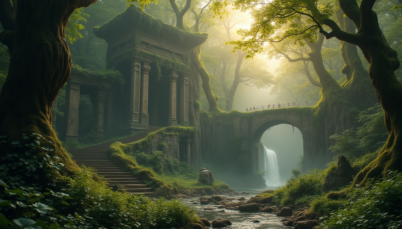 Prompt: Ancient forest monument, misty atmosphere, towering trees, twisted roots, mysterious fog, warm golden light filtering through leaves, intricate stone carvings, moss-covered stairs, grandeur entrance, majestic columns, nature-inspired architecture, vibrant green foliage, blooming wildflowers, serene waterfall, gentle stream, wooden bridges, rustic pathways, dramatic lighting, cinematic composition, 3/4 view, soft focus on background, high contrast, warm color palette.