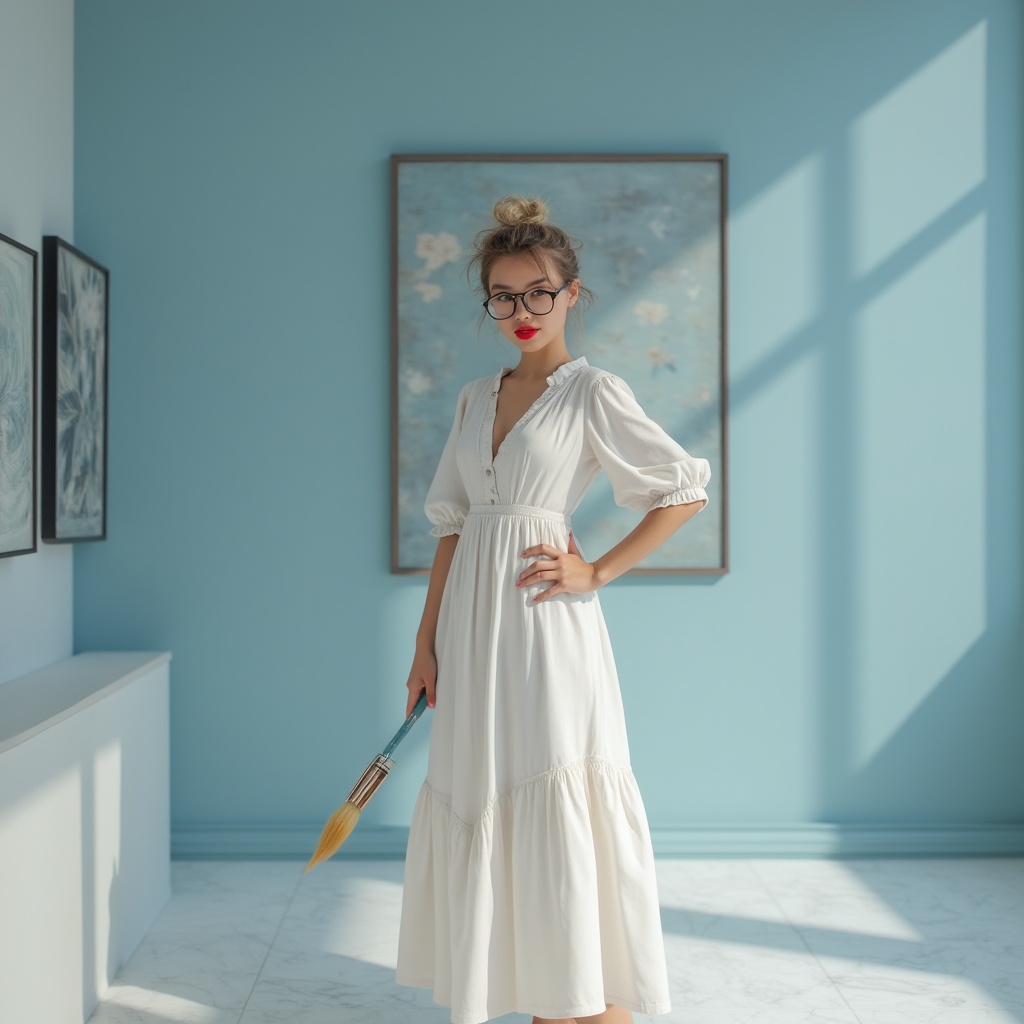 Prompt: Powder blue accent wall, modern art gallery, minimalist interior design, white marble floor, sleek metal frames, contemporary artwork, soft box lighting, subtle gradient background, gentle shadows, solo female artist, creative messy hairstyle, stylish glasses, bold red lips, flowy white dress, standing confidently, one hand on hip, holding a paintbrush, artistic pose, shallow depth of field, warm atmospheric lighting, 3/4 composition.