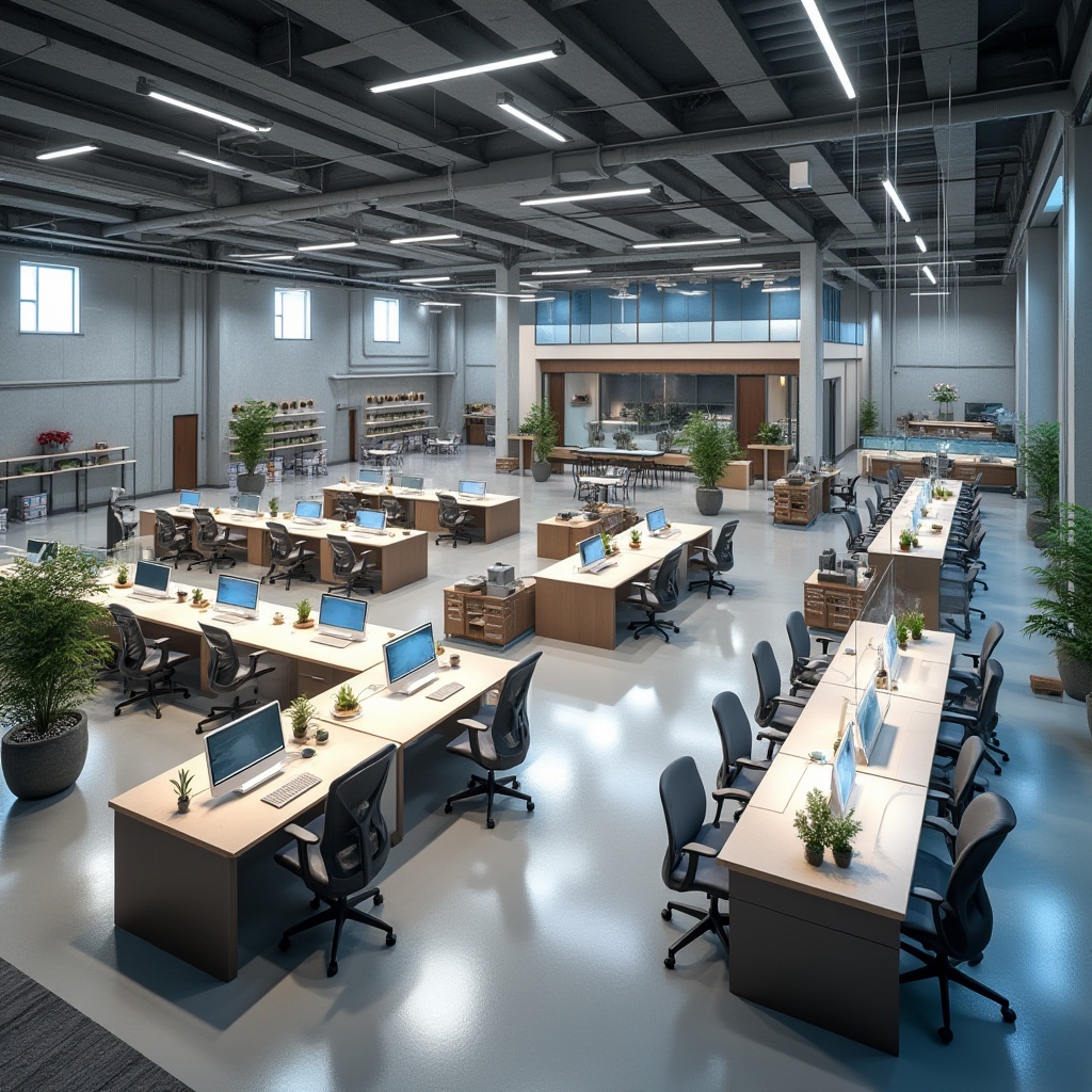 Prompt: open-plan office space, irregularly-shaped desks, minimalist decor, functional zones, flexible layouts, communal areas, futuristic furniture, ergonomic chairs, abstract sculptures, LED installations.