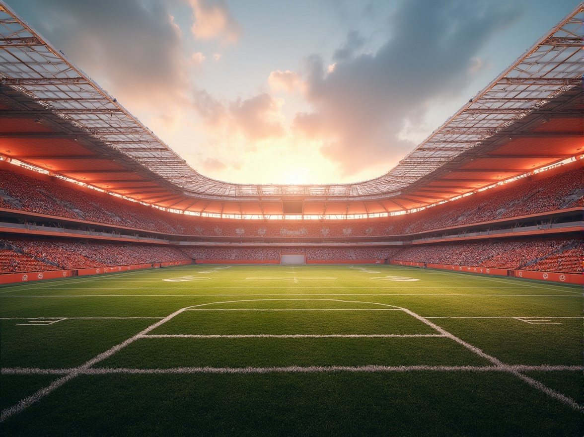 Prompt: Peach color stadium, modern architecture, rounded edges, sleek lines, vibrant peach exterior walls, shiny metal framework, retractable roof, floodlights, evening atmosphere, soft warm lighting, 3/4 composition, low-angle shot, dramatic shadows, grandstand seats, lush green grass, football field markings, goalposts, scoreboard, excited crowd, summer evening, sunset sky.