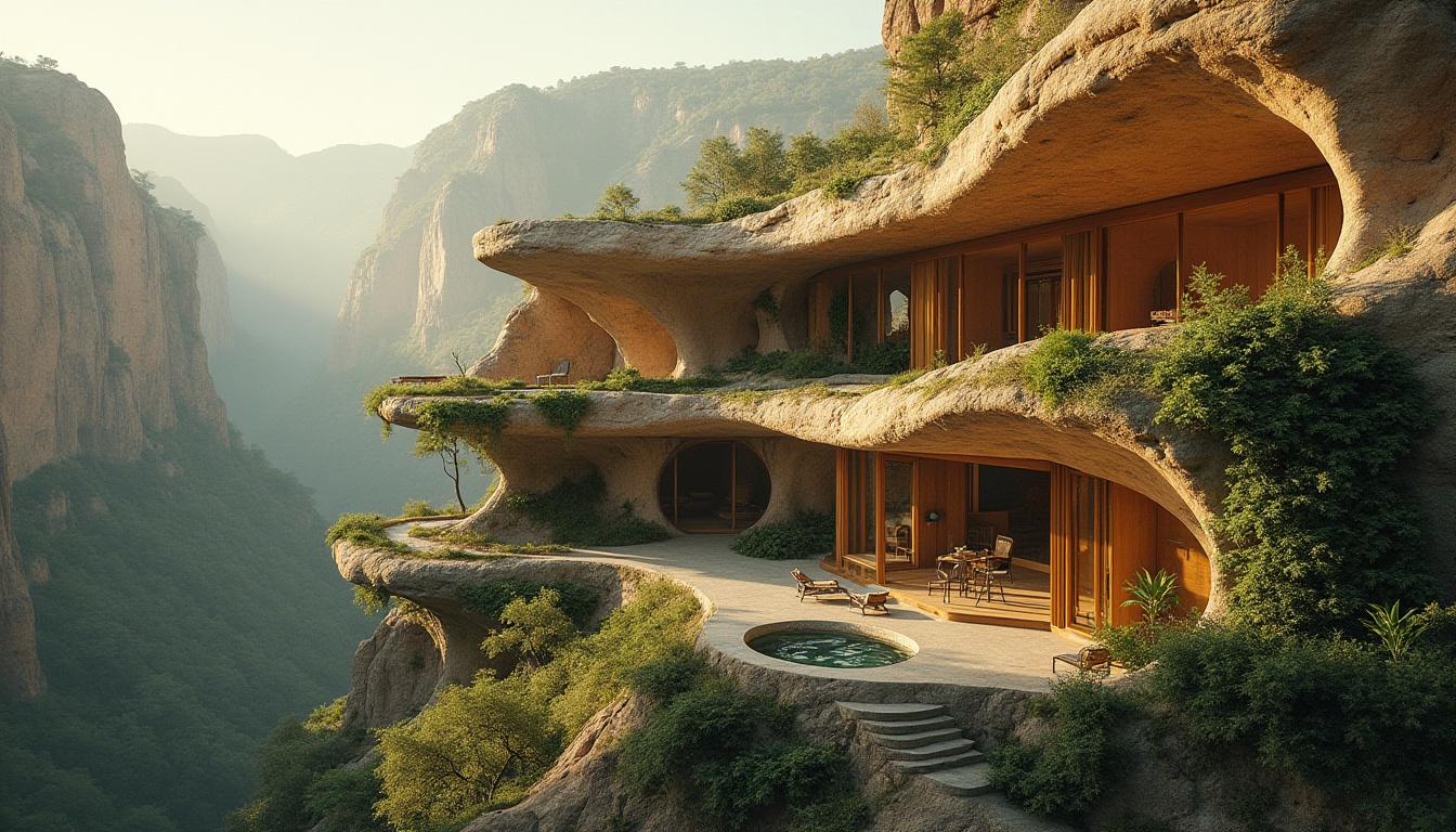 Prompt: Canyon-inspired building, merging nature with architecture, futuristic, sustainable, eco-friendly, sandstone walls, curved lines, green roof, lush vegetation, vines crawling up walls, wooden accents, floor-to-ceiling windows, panoramic view, rocky cliffs, serene valley, misty atmosphere, warm golden lighting, 3/4 composition, cinematic angle, shallow depth of field.