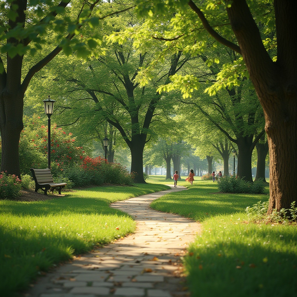 Prompt: Vibrant Gainsboro color, serene park scenery, lush green grass, tall trees with dense foliage, colorful flowers blooming, winding stone path, wooden benches, children playing, laughing, carefree atmosphere, warm sunlight filtering through leaves, soft shadows, natural texture, peaceful ambiance, horizontal composition, gentle focus blur, shallow depth of field.