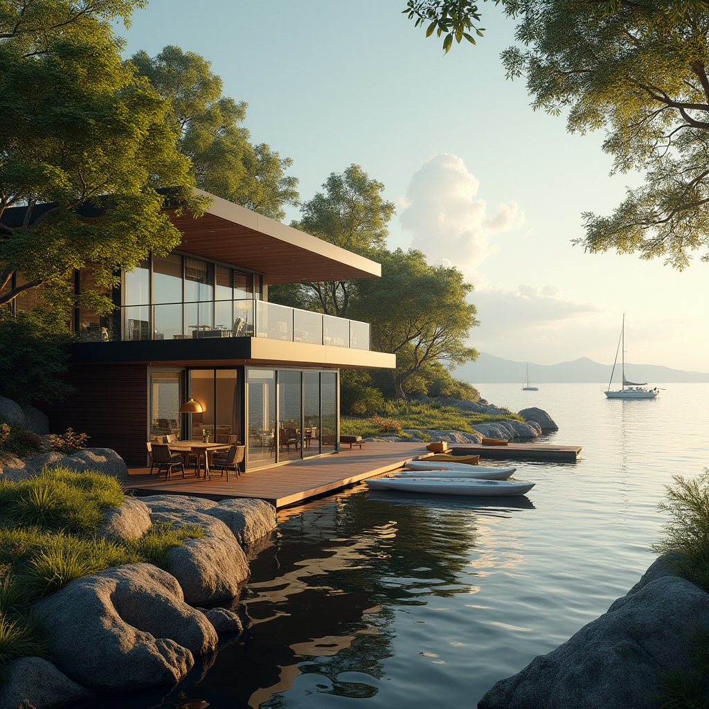 Prompt: Luxurious lakefront villa, modern architecture, large windows, sliding glass doors, wooden deck, outdoor furniture, tranquil atmosphere, surrounding trees, lush greenery, calm lake waters, sailboats, kayaks, sunny afternoon, warm soft lighting, 3/4 composition, panoramic view, depth of field, realistic rendering, cinematic mood.