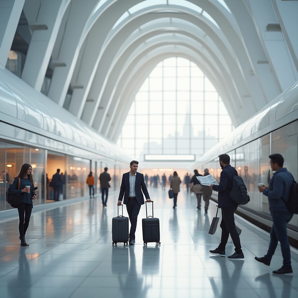 Prompt: Modern train station, futuristic architecture, white plaster material walls, sleek lines, geometric shapes, large glass windows, minimalist design, urban cityscape, busy atmosphere, morning rush hour, natural light pouring in, shallow depth of field, people walking with luggage, businessman typing on laptop, commuter reading newspaper, standing passengers holding coffee cups, abstract LED lighting, reflective floor tiles, panoramic view, 3/4 composition, high-angle shot.