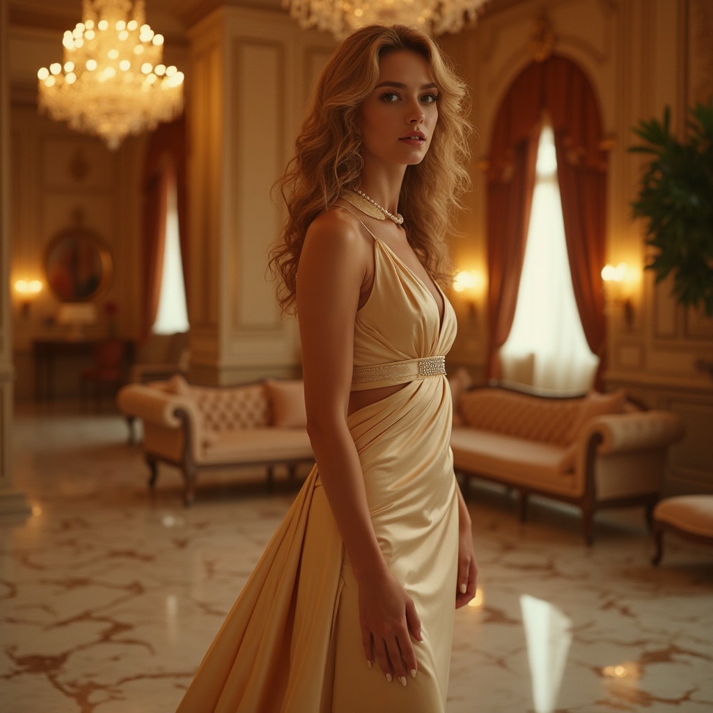 Prompt: Luxurious golden color palette, elegant woman, 25yo, curly honey-blonde hair, subtle warm makeup, soft focus, gentle smile, slender neck, pearl necklace, low-cut evening gown, satin fabric, flowing train, high heels, luxurious interior, marble floor, grand chandelier, ornate furniture, velvet drapes, warm golden lighting, cinematic composition, shallow depth of field, romantic ambiance.