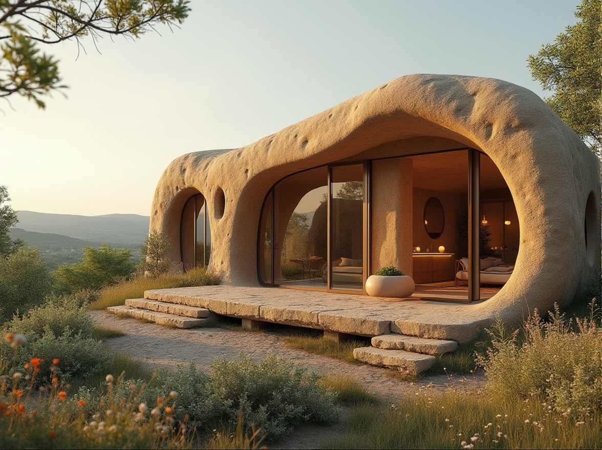 Prompt: Sustainable architecture, modern villa, rammed earth material, natural texture, rough surface, earthy color palette, curved lines, organic shape, large windows, panoramic view, scenic landscape, rolling hills, greenery surroundings, blooming wildflowers, warm lighting, cozy atmosphere, 3/4 composition, soft focus, shallow depth of field, natural ambiance.