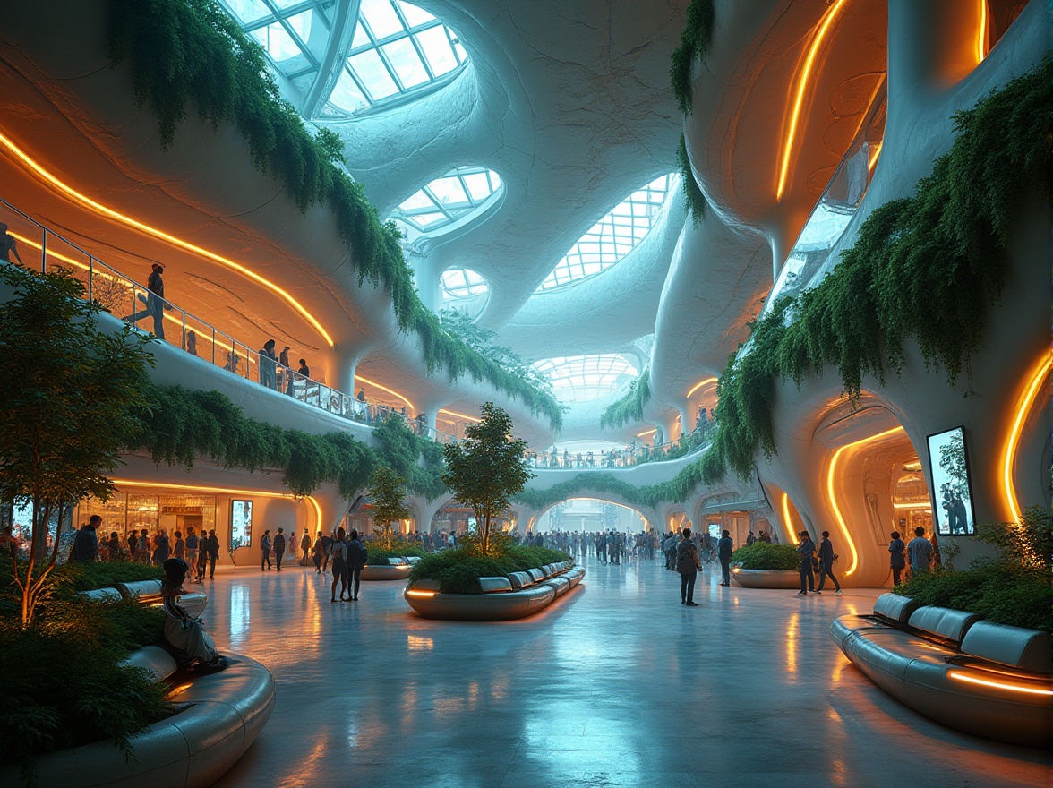 Prompt: Futuristic transportation hub, organic architecture, curved lines, iridescent glass, glowing neon lights, metallic accents, lush greenery, vines crawling up walls, natural stone flooring, sleek modern benches, holographic advertisements, bustling crowd, busy commuters, escalators, transparent elevators, grand high ceilings, dramatic lighting, warm ambient glow, 3/4 composition, panoramic view, cinematic atmosphere, sci-fi feel.