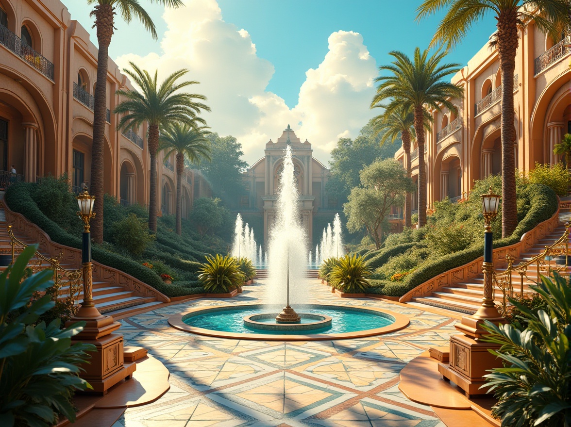 Prompt: Luxurious park, Art Deco style, intricate geometric patterns, vibrant colors, ornate fountains, grand staircases, lavish gardens, exotic plants, palm trees, elegant benches, metallic accents, symmetrical composition, warm golden lighting, sunny afternoon, clear blue sky, fluffy white clouds, subtle mist, 3/4 perspective, cinematic atmosphere, ornate lamp posts, mosaic walkways, curved lines, glamorous ambiance.