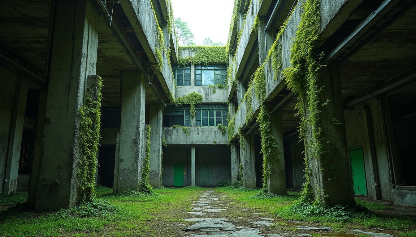 Prompt: Brutalist architecture, green accents, modern building, urban jungle, overgrown vegetation, moss-covered concrete walls, ivy-clad columns, vibrant green windows, steel beams, industrial pipes, rugged texture, dramatic lighting, high-contrast shadows, low-angle shot, symmetrical composition, abstract background, monochromatic color scheme.