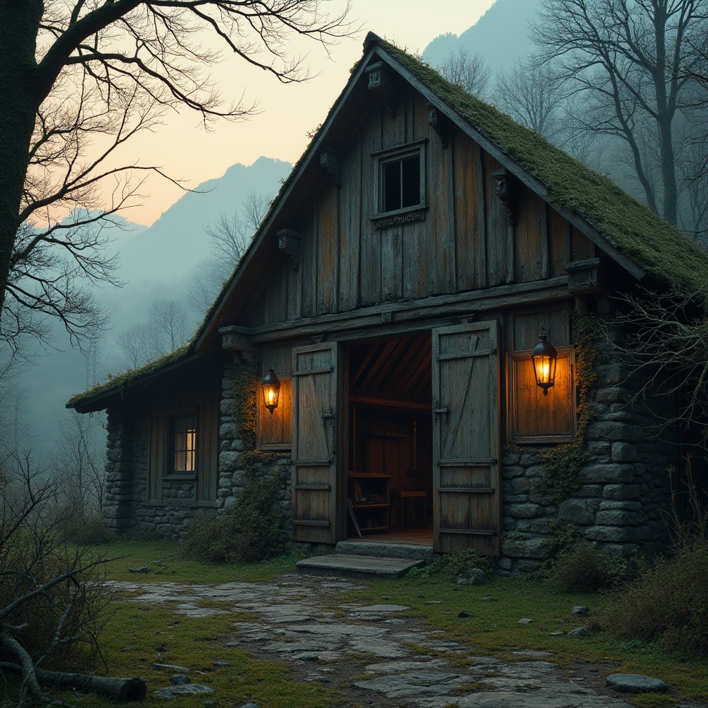 Prompt: Mountainous landscape, abandoned Gothic barn, worn wooden doors, rusty metal hinges, overgrown with vines, moss-covered roof, stone foundation, surrounding trees with gnarled branches, foggy atmosphere, misty mountains in the background, warm sunset light, 3/4 composition, atmospheric perspective, mysterious ambiance, eerie silence, old lanterns hanging from the ceiling, cobweb-covered windows, intricate carvings on wooden beams, dusty old furniture inside, abandoned tools scattered around.