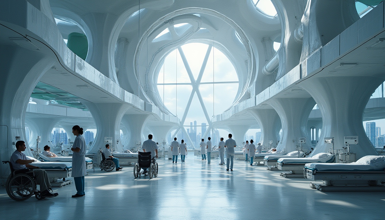 Prompt: Deconstructivist clinic design, futuristic ambiance, irregular shapes, fragmented forms, complex geometry, stainless steel, glass, LED lights, sterile atmosphere, surgical equipment, medical staff in scrubs, patients on hospital beds, wheelchair accessibility, modern architecture, cityscape background, cloudy sky, dramatic shadows, high contrast lighting, bold composition, abstract expression.