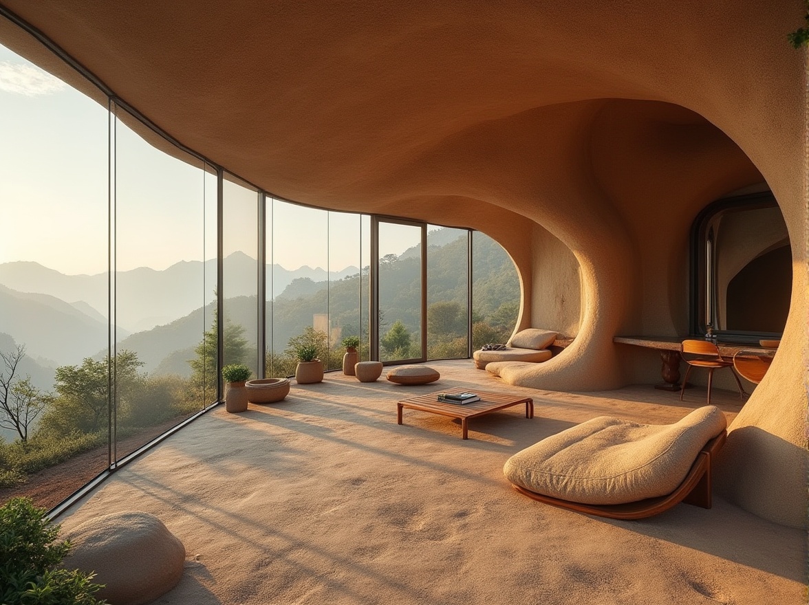 Prompt: Natural, earthy, mud architecture, sustainable building, eco-friendly, rustic exterior, brown color tone, irregular shape, rough texture, natural lighting, open space, minimal decor, cozy atmosphere, wooden furniture, potted plants, floor-to-ceiling windows, panoramic view, serene landscape, mountainous background, misty morning, soft focus, warm color palette.