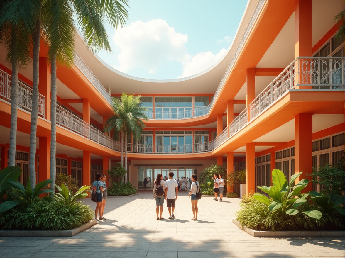 Prompt: Persimmon colored school building, modern architecture, curved lines, large windows, natural light, vibrant persimmon walls, white roof, subtle gradient effect, sleek metal railings, lush greenery, tropical plants, palm trees, open courtyard, students socializing, laughing, backpacks, casual wear, warm sunny day, soft focus background, shallow depth of field, cinematic composition, 3/4 view.