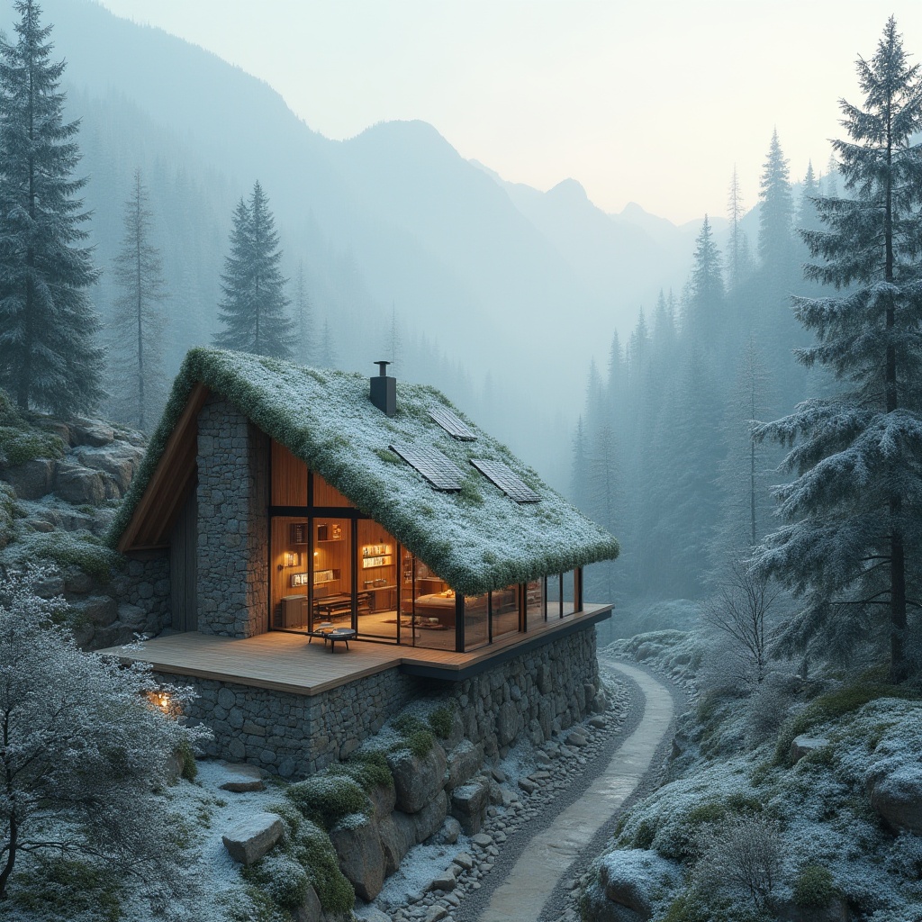 Prompt: Mountainous region, sustainable architecture, modern eco-friendly design, green roof, solar panels, large windows, minimal carbon footprint, wooden structure, stone foundation, steeply pitched roof, snow-covered, misty morning, foggy atmosphere, evergreen trees surrounding, winding mountain roads, scenic hiking trails, waterfalls in the distance, soft natural light, warm interior ambiance, cozy reading nook, minimalist decor, reclaimed wood accents, earthy color palette, panoramic view of the mountains.