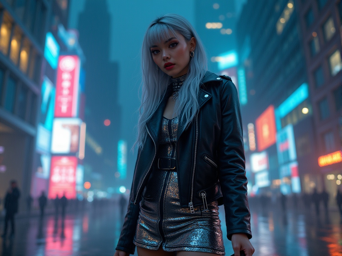 Prompt: High-tech futuristic lady, standing, metallic silver hair, bold red lips, futuristic eyeshadow, sleek black leather jacket, shimmering silver fabric, holographic patterned miniskirt, black leggings, metallic boots, holding advanced smartphone, cityscape, skyscraper, neon lights, rainy night, misty atmosphere, cinematic composition, low-angle shot, vibrant color grading.