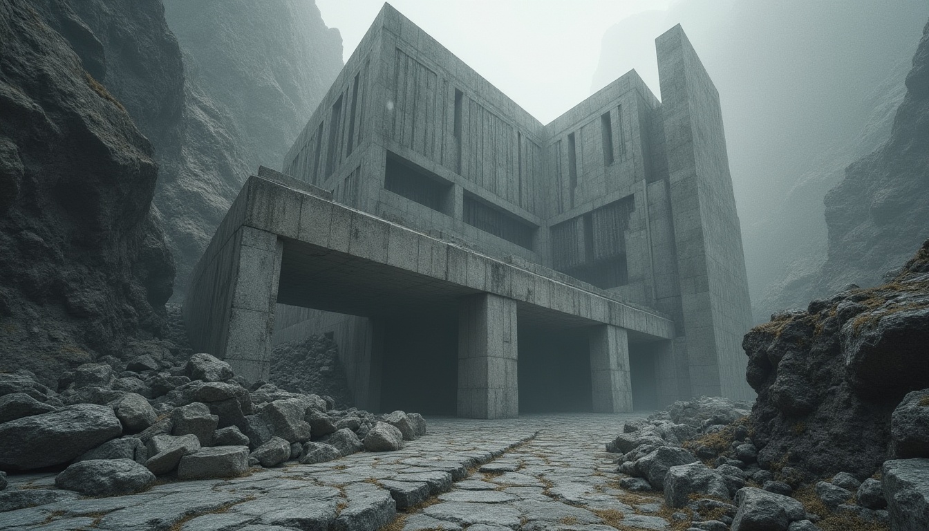 Prompt: Brutalist architecture, granite material, rough texture, solid structure, monumental building, abstract composition, dramatic lighting, high-contrast shadows, urban cityscape, industrial atmosphere, modernist style, bold geometric shapes, fortress-like façade, imposing scale, rugged natural environment, misty morning light, cinematic mood, 3/4 composition, low-angle shot, detailed stone patterns.