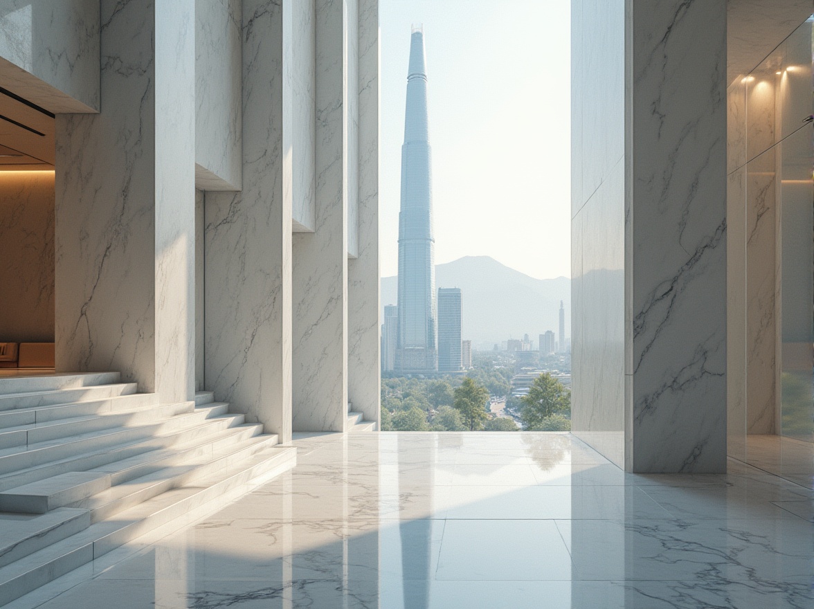 Prompt: Modern skyscraper, luxurious marble material, sleek high-rise building, urban cityscape, polished white Carrara marble exterior, ornate lobby interior, grand staircase, elegant column details, subtle veining patterns, high-gloss finish, natural light reflection, dramatic vertical lines, geometric architecture, metropolitan atmosphere, busy street scene, distant foggy mountains, soft morning sunlight, cinematic composition, 3/4 view.