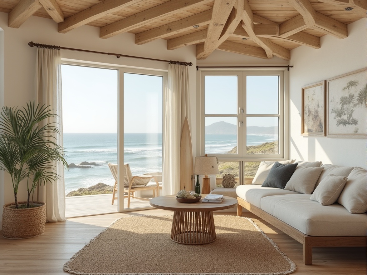 Prompt: Beach loft, modern interior design, open concept living room, wooden floor, white walls, high ceiling, large windows, ocean view, sliding glass door, cozy reading nook, comfortable sofa, natural fiber rug, woven wicker coffee table, potted palm tree, vintage surfboard decoration, warm beige tone, soft lighting, 3/4 composition, airy atmosphere.