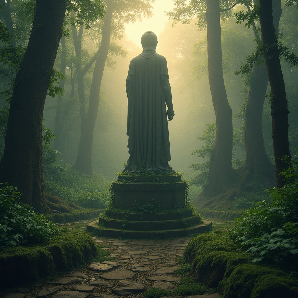 Prompt: Monumental stone statue, surrounded by lush forest, tall trees, green foliage, vines crawling up pedestal, moss-covered stone floor, misty atmosphere, soft warm lighting, golden hour, ruins overgrown with plants, ancient mysterious ambiance, fog rolling in, eerie silence, majestic vertical composition, 3/4 view, atmospheric perspective.