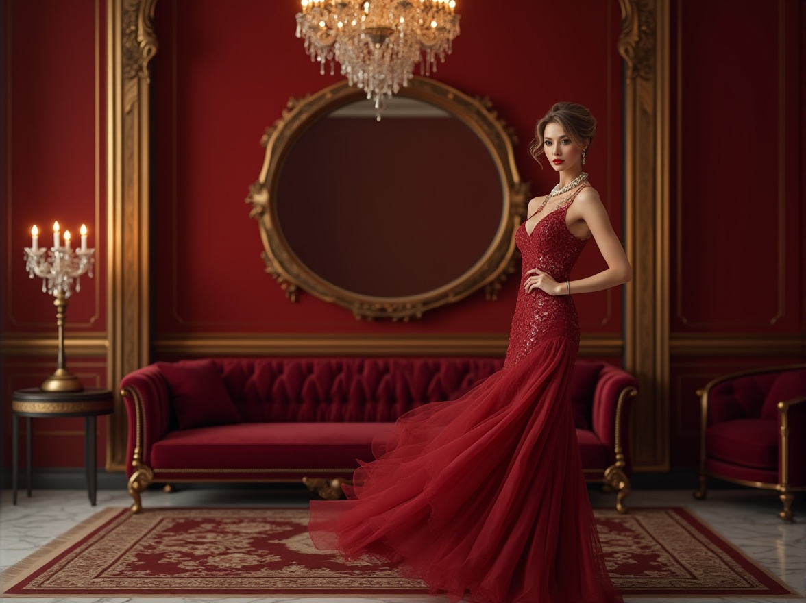 Prompt: Luxurious interior, burgundy accent wall, velvet sofa, golden frame, ornate mirror, crystal chandelier, marble floor, intricate rug pattern, warm ambiance, softbox lighting, 3/4 composition, rich texture, regal atmosphere, mature lady, elegant hairstyle, red lipstick, evening gown, pearl necklace, luxurious fabrics.