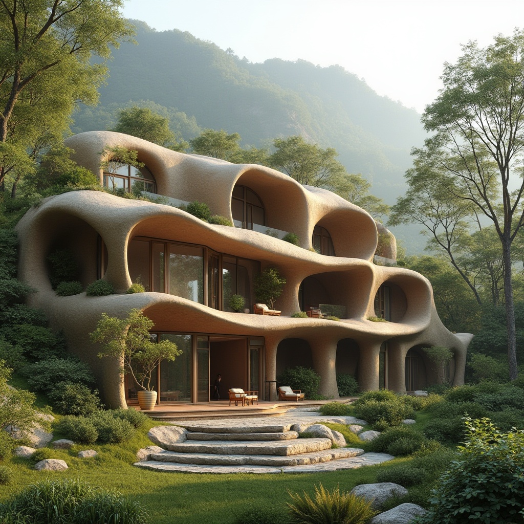 Prompt: Natural mud material, earthy tone, rough texture, building exterior, eco-friendly, sustainable, green architecture, modern villa, curved lines, large windows, lush greenery surroundings, natural lighting, warm ambiance, organic shape, blending with nature, rustic charm, rural landscape, mountainside, misty morning, soft focus, cinematic composition.