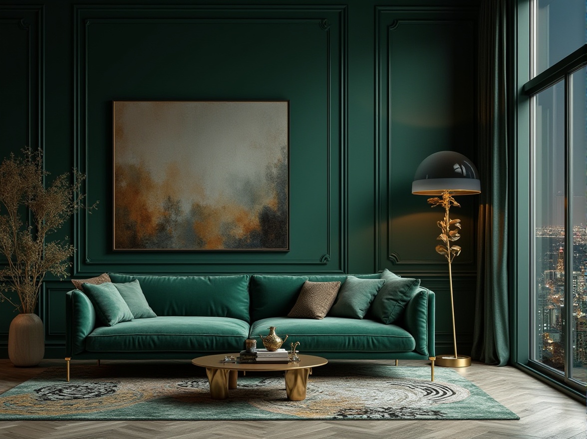 Prompt: Interior design, modern living room, Malachite green walls, luxurious velvet sofa, golden metal legs, abstract patterned rug, floor-to-ceiling windows, urban cityscape view, night time, dim warm lighting, 3/4 composition, shallow depth of field, rich textures, ornate decorative accessories, metallic accents, elegant ambiance, sophisticated atmosphere.