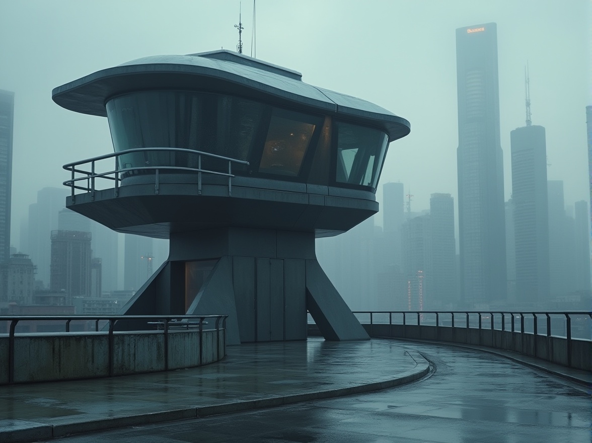 Prompt: Dark gray, modern watchtower, sleek design, metallic texture, futuristic structure, urban setting, cityscape, concrete roads, skyscrapers in background, misty atmosphere, dramatic lighting, low-angle shot, ominous mood, 3/4 composition, cinematic feel.