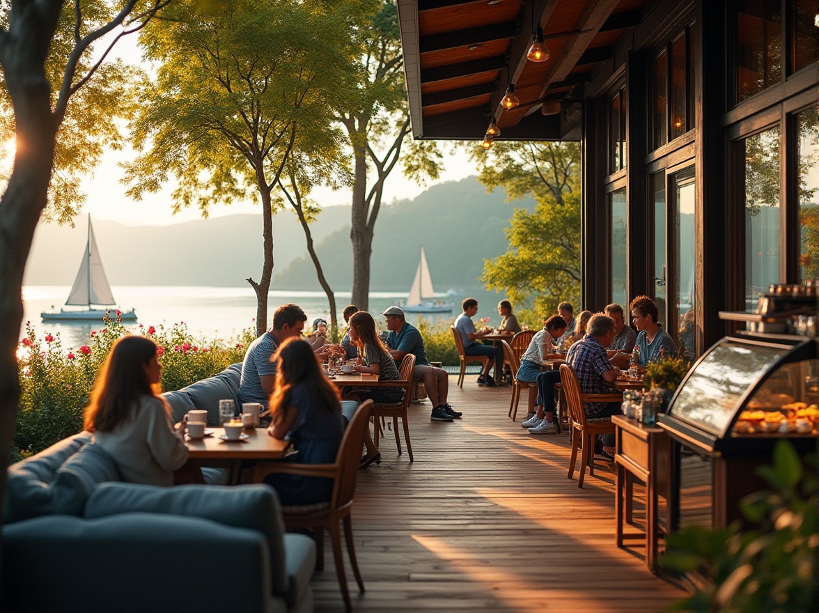 Prompt: Lakefront coffee shop, modern architecture, large glass windows, wooden decking, outdoor seating area, comfortable sofas, warm lighting, cozy atmosphere, surrounded by lush greenery, tall trees, colorful flowers, serene lake views, sailboats drifting in the distance, misty morning, golden hour, soft natural light, 3/4 composition, shallow depth of field, warm color tone, inviting ambiance, coffee cups and saucers on tables, freshly brewed coffee aroma, pastry display case, friendly barista, relaxed customers reading books or chatting, gentle lake breeze.