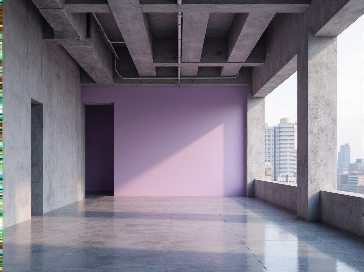 Prompt: Brutalist architecture, lilac accent wall, concrete texture, industrial pipes, exposed ductwork, minimalist decor, brutalist columns, urban cityscape, cloudy afternoon light, cinematic composition, 3/4 view, atmospheric perspective, soft focus, pastel color palette, architectural photography.