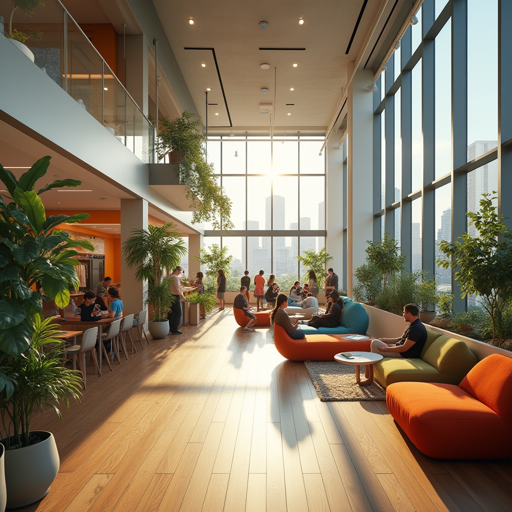 Prompt: Vibrant community center, modern architecture, sleek lines, open spaces, natural light pouring in, colorful furniture, trendy decor, youth gathering, lively atmosphere, diverse activities, recreational areas, comfortable seating, wooden floors, minimalist walls, green plants, floor-to-ceiling windows, urban setting, cityscape view, afternoon sun, soft shadows, 3/4 composition, warm ambient lighting.