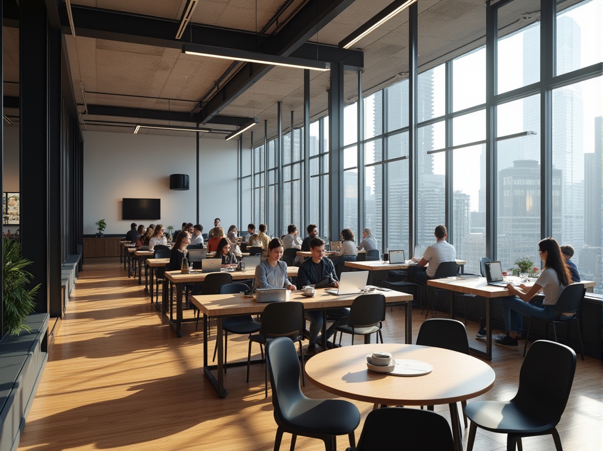 Prompt: Modern student hall, minimalist design, black color accents, sleek lines, geometric shapes, wooden flooring, white walls, black metal frames, glass partitions, cozy atmosphere, softbox lighting, relaxed students, laptops open, studying together, coffee cups, scattered books, natural light pouring in through floor-to-ceiling windows, urban cityscape outside, skyscraper views.