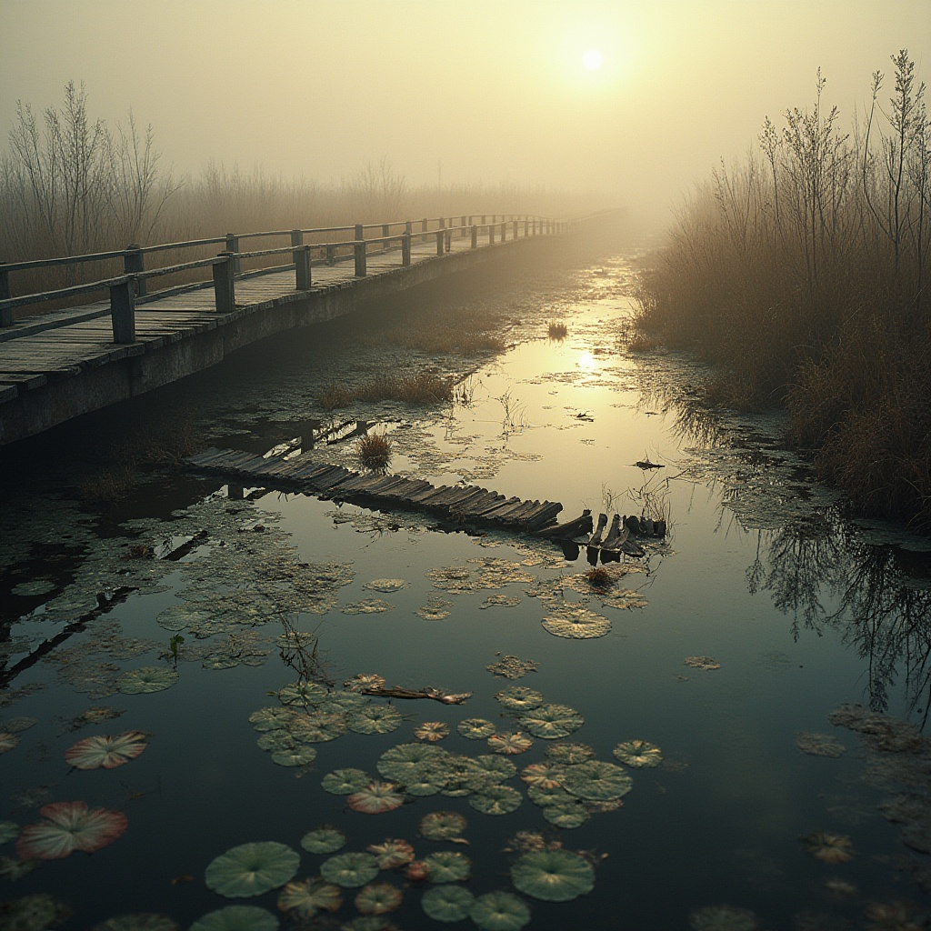 Prompt: Deconstructed wetland, fragmented wooden boardwalks, twisted metal railings, broken concrete pavement, overgrown vegetation, murky water reflections, abstracted lotus flowers, tangled reeds, shattered glass-like ice formations, eerie misty atmosphere, low-angle shot, cinematic composition, warm golden lighting, subtle ripples on the water surface.