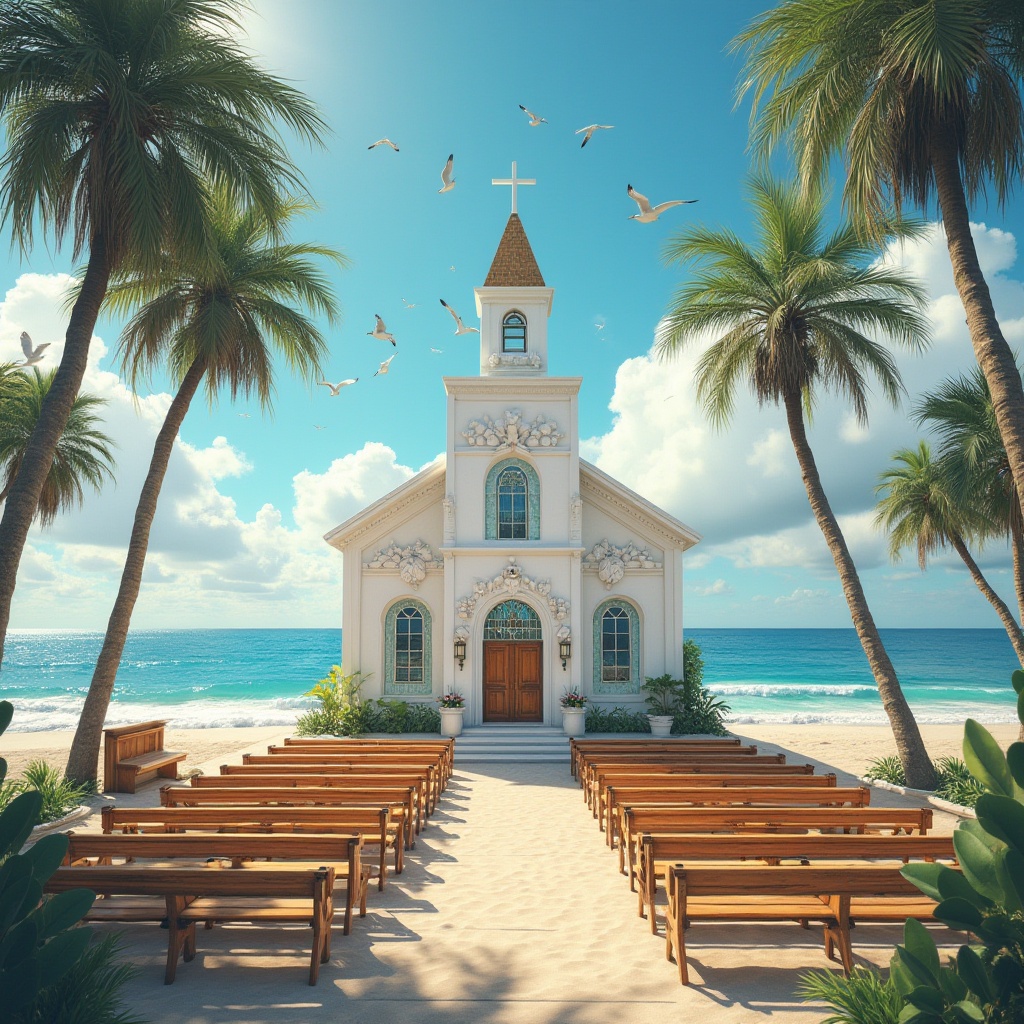 Prompt: Beachside church, coastal architecture, white facade, stained glass windows, wooden pews, ocean-inspired decorations, seashell chandeliers, driftwood accents, natural textures, warm sandy tones, seaside landscape, palm trees swaying gently, sunny day, clear blue sky, waves crashing in the distance, beachgoers walking by, seagulls flying overhead, dramatic lighting, aerial view, 3/4 composition, soft focus, vibrant colors.