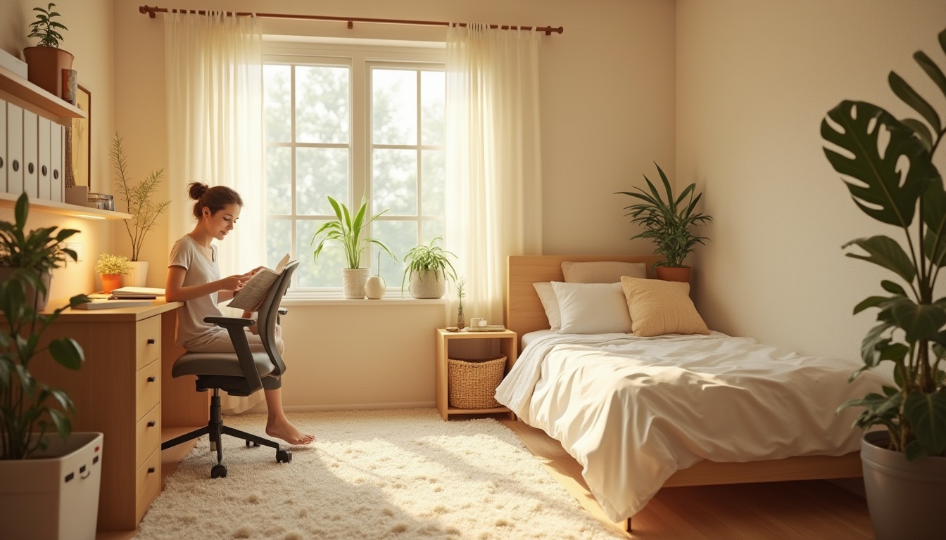 Prompt: Cozy dorm room, beige color palette, soft warm lighting, gentle wood furniture, fluffy carpet, comfortable bedding, minimal decor, calm atmosphere, serene ambiance, natural light pouring in through large windows, subtle shadows, peaceful corner, warm beige walls, creamy white trim, wooden desk with metal legs, ergonomic chair, potted plants, relaxed student, reading book, studying, morning sunlight, soft focus, shallow depth of field.