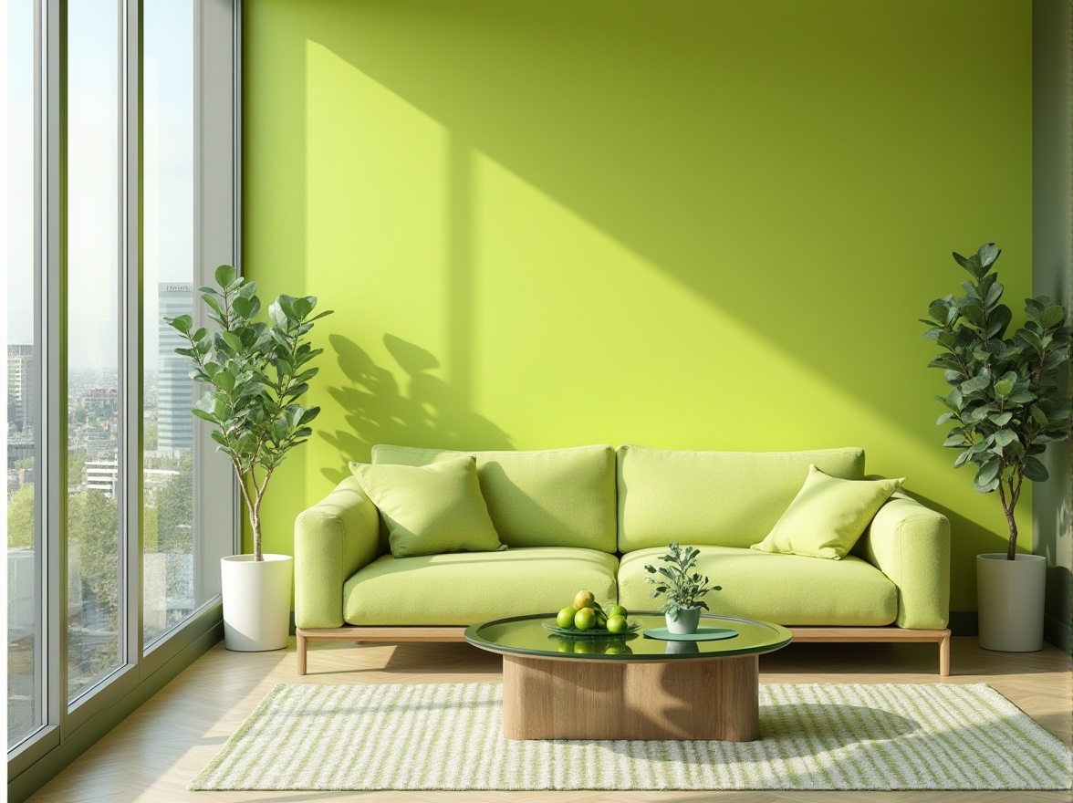 Prompt: Vibrant lime green accent wall, modern minimalist interior, sleek low-profile couch, matching lime green throw pillows, geometric patterned rug, floor-to-ceiling windows, natural light pouring in, urban cityscape view, 3/4 composition, close-up shot of decorative vase with fresh limes and eucalyptus leaves, softbox lighting, pastel color palette, Scandinavian design influence, wooden coffee table with lime green glass top, minimalist art pieces on walls.