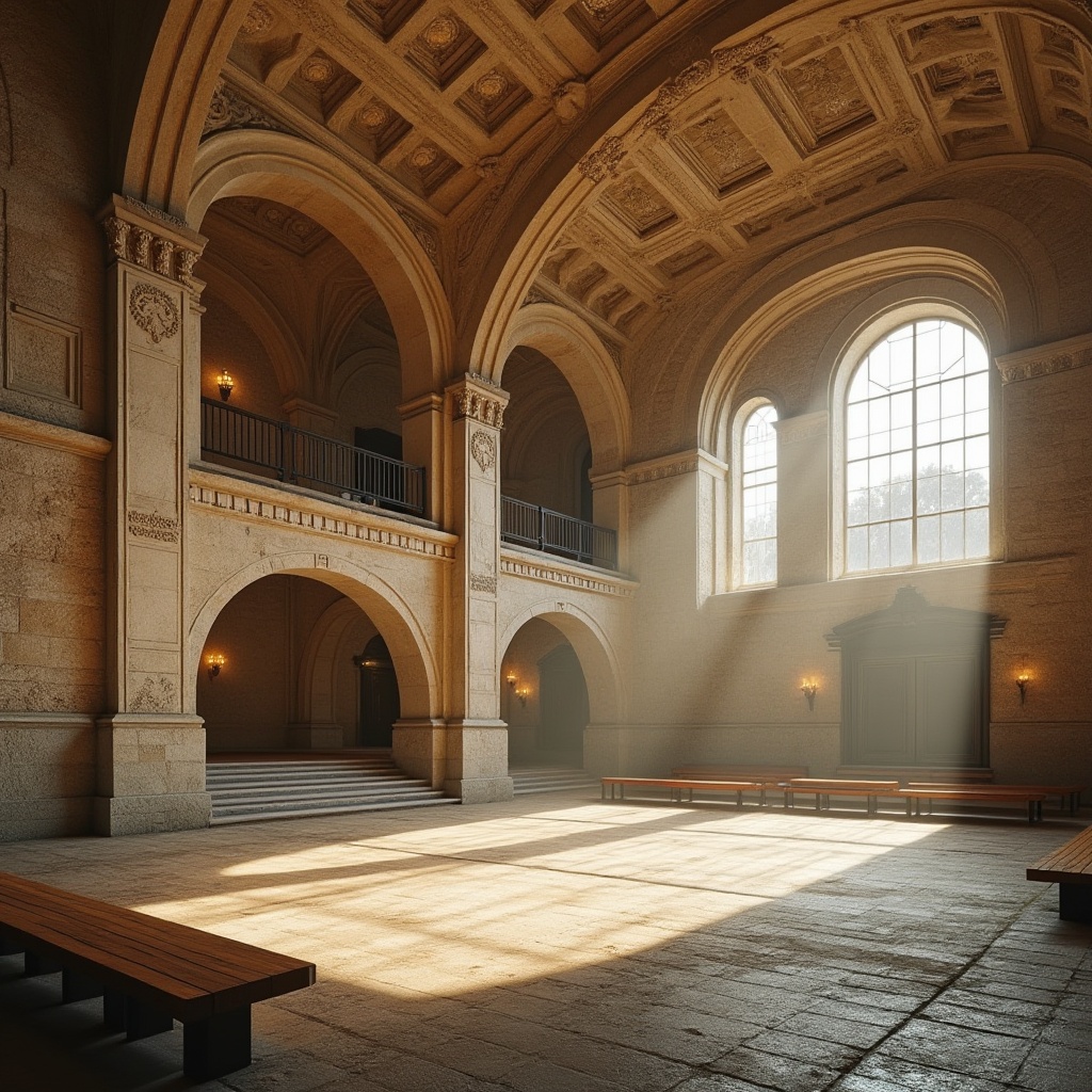 Prompt: Romanesque gymnasium, stone walls, high ceilings, grand chandeliers, athletic equipment, incorporating fiber-cement materials, modern architecture blend with ancient style, natural light pouring through large windows, warm beige color tone, textured stone floors, wooden benches, metallic railings, dramatic archways, imposing columns, intricate carvings, detailed ornaments, soft focus, atmospheric lighting, cinematic composition, 3/4 shot.